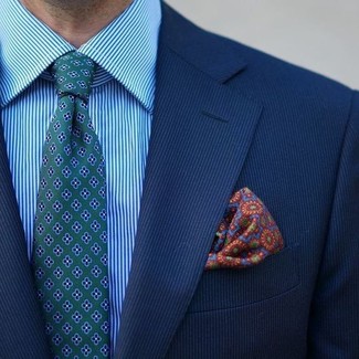 Tenue: Blazer à rayures verticales bleu, Chemise de ville à rayures verticales turquoise, Cravate à fleurs verte, Pochette de costume imprimée multicolore