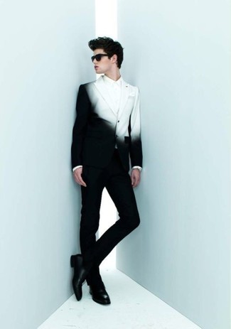 Comment porter un blazer noir et blanc: Associe un blazer noir et blanc avec un pantalon de costume noir pour un look classique et élégant. Une paire de double monks en cuir noirs est une option génial pour complèter cette tenue.