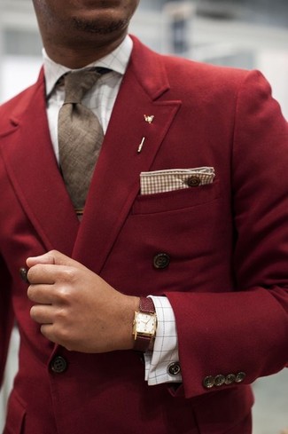 Comment porter un blazer croisé bordeaux pour un style elégantes à 30 ans: Choisis un blazer croisé bordeaux et une chemise de ville écossaise blanche pour un look classique et élégant.