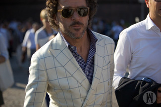 Chemise à manches longues en vichy bleu marine et blanc Brunello Cucinelli