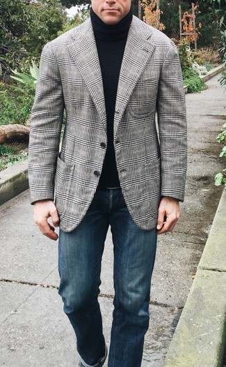 Comment porter un blazer gris en automne à 30 ans: Harmonise un blazer gris avec un jean bleu marine pour obtenir un look relax mais stylé. Cette tenue est juste super et automnale comme il faut.