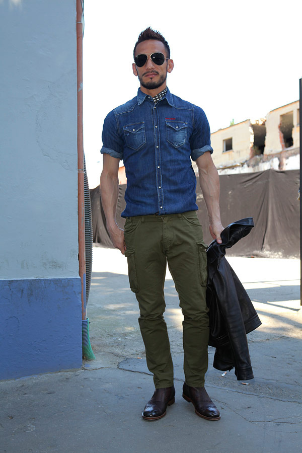 blue shirt with olive green pants