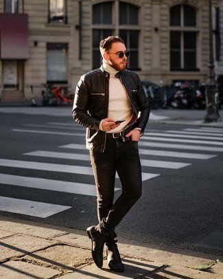 Blouson aviateur en cuir matelassé noir Dolce & Gabbana