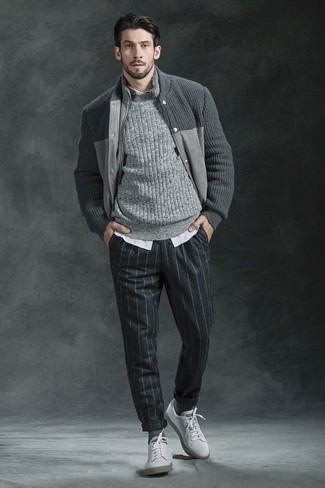 Pantalon de costume en laine à rayures verticales gris foncé Dondup