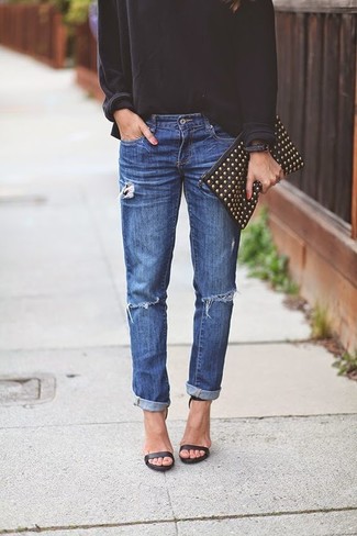 Comment porter un jean déchiré bleu en automne