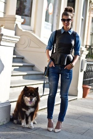 Comment porter un jean déchiré bleu en automne