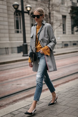 Comment porter un jean déchiré bleu en automne