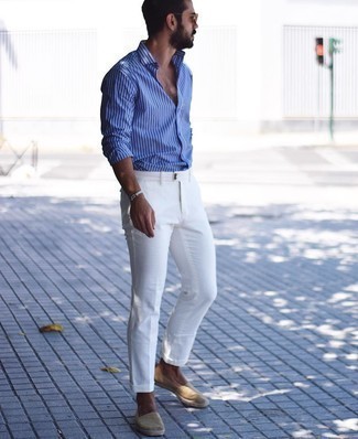 Comment porter une chemise à manches longues à rayures verticales bleue