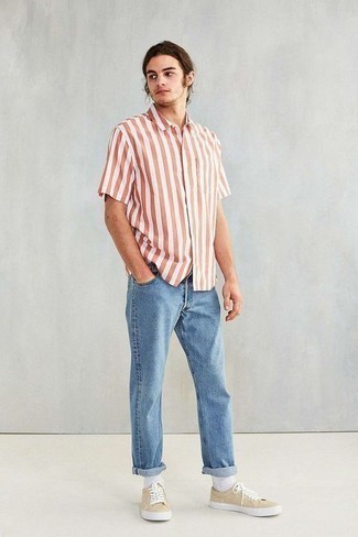 Chemise à manches courtes à rayures verticales blanc et rouge Clot