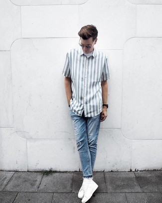 Chemise à manches courtes à rayures verticales bleu clair Paul Smith