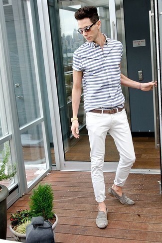 Chemise à manches courtes à rayures horizontales blanc et bleu Onia