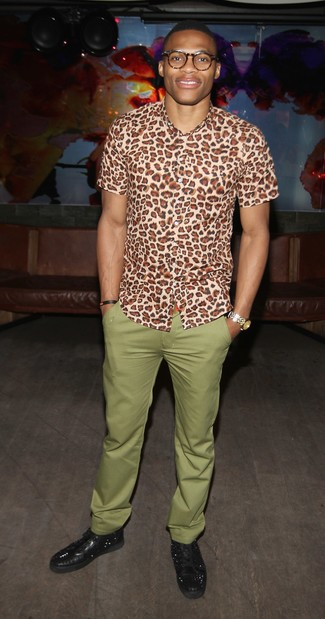 Chemise à manches courtes imprimée léopard marron clair Saint Laurent