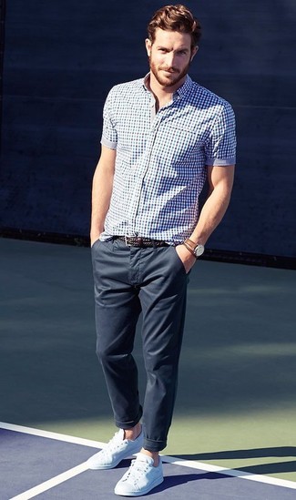 Chemise à manches courtes en vichy bleu marine Calvin Klein
