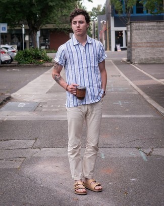 Chemise à manches courtes à rayures verticales blanc et bleu Nick Fouquet