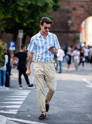 Chemise à manches courtes à rayures verticales bleu clair Salvatore Ferragamo