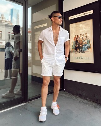 Chemise à manches courtes en lin blanche Giorgio Armani