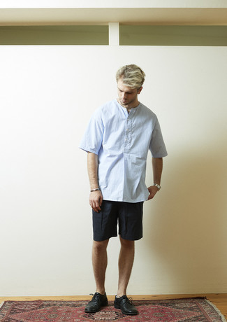 Chemise à manches courtes à rayures verticales bleu clair Michael Bastian