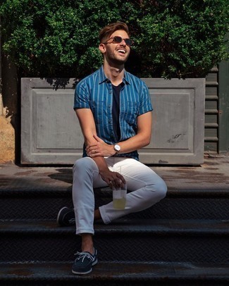 Chemise à manches courtes à rayures verticales bleue Off-White