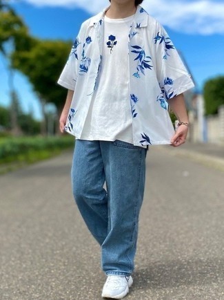 Chemise à manches courtes à fleurs blanc et bleu marine Prada