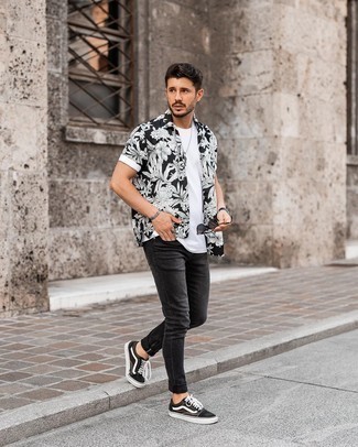Chemise à manches courtes à fleurs noire et blanche Saint Laurent