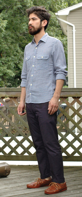 Chemise à manches longues à carreaux bleu clair Tom Ford