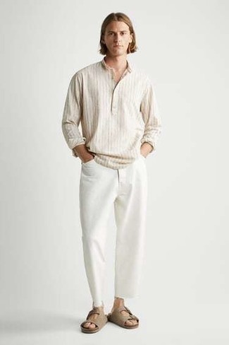 Chemise à manches longues à rayures verticales beige Balmain