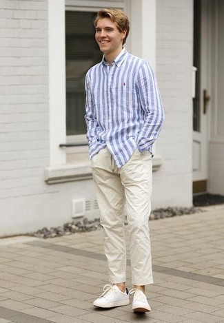 Chemise à manches longues à rayures verticales blanc et bleu Comme Des Garcons Homme Plus