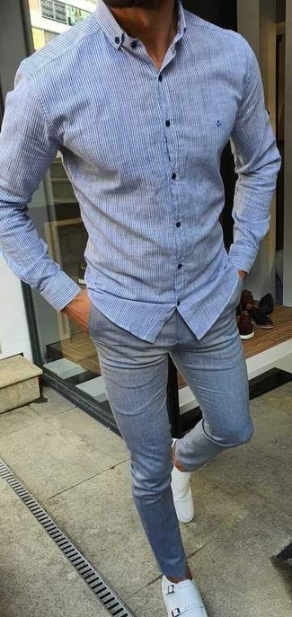Chemise à manches longues à rayures verticales blanc et bleu Versace