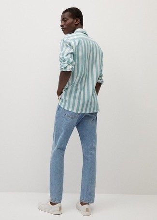 Chemise à manches longues à rayures verticales bleu clair John Elliott