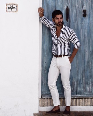 Chemise à manches longues à rayures verticales blanc et bleu marine Loveless