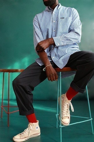 Chemise à manches longues à rayures verticales blanc et bleu Polo Ralph Lauren