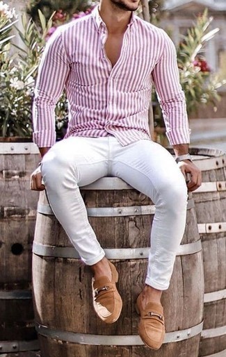 Chemise à manches longues à rayures verticales blanc et rouge Aspesi