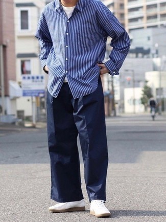 Chemise à manches longues à rayures verticales bleu marine et blanc Giorgio Armani