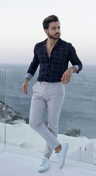 Chemise à manches longues à carreaux bleu marine Giorgio Armani