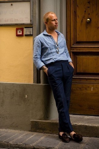 Chemise à manches longues à rayures verticales bleue Brunello Cucinelli