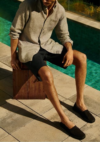 Chemise à manches longues en lin grise Giorgio Armani