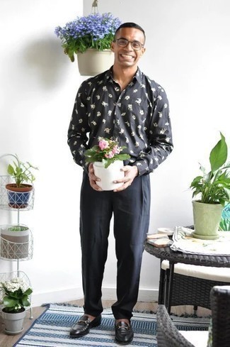 Chemise à manches longues à fleurs gris foncé Kiton