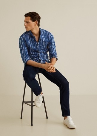 Chemise à manches longues imprimée bleu marine et blanc Salvatore Ferragamo