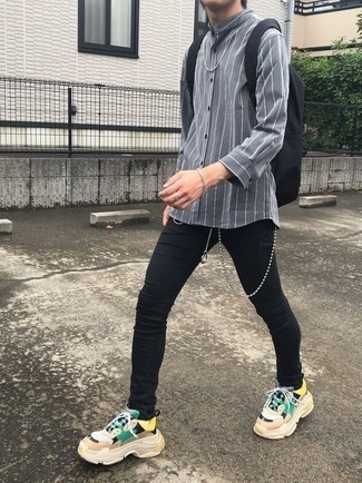 Chemise à manches longues à rayures verticales grise Thom Browne