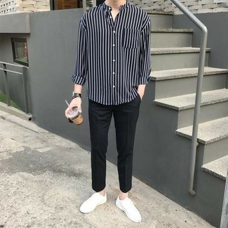 Chemise à manches longues à rayures verticales noire et blanche Off-White