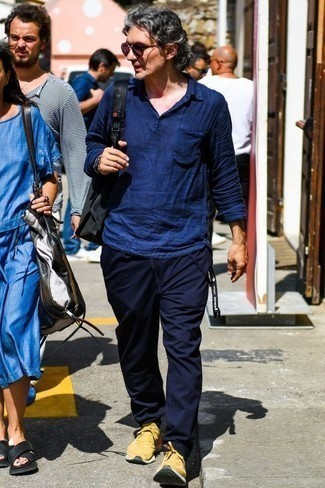 Chemise à manches longues en lin bleu marine Massimo Alba