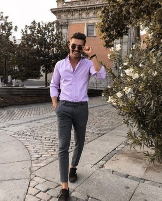 Chemise à manches longues à rayures verticales violet clair Brunello Cucinelli