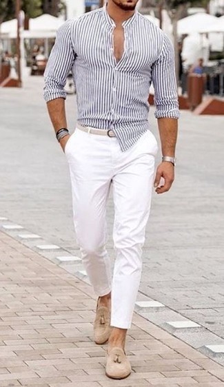 Chemise à manches longues à rayures verticales blanc et bleu marine Juun.J