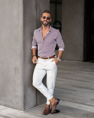 Chemise à manches longues à rayures verticales blanc et pourpre Brunello Cucinelli
