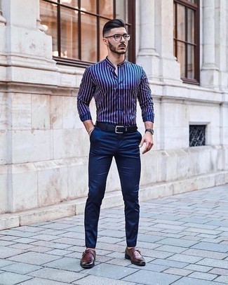 Chemise à manches longues à rayures verticales bleu marine et blanc Brunello Cucinelli