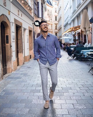 Chemise à manches longues à rayures verticales bleu marine et blanc Brunello Cucinelli