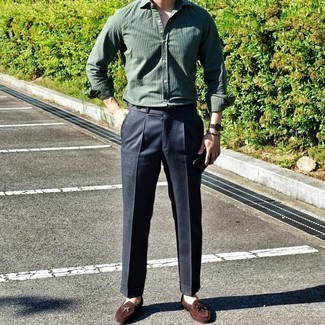 Chemise à manches longues à rayures verticales vert foncé Sunnei