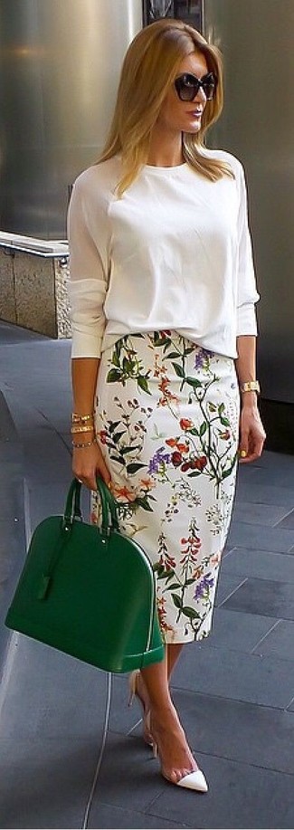 Jupe crayon à fleurs blanche Nina Ricci