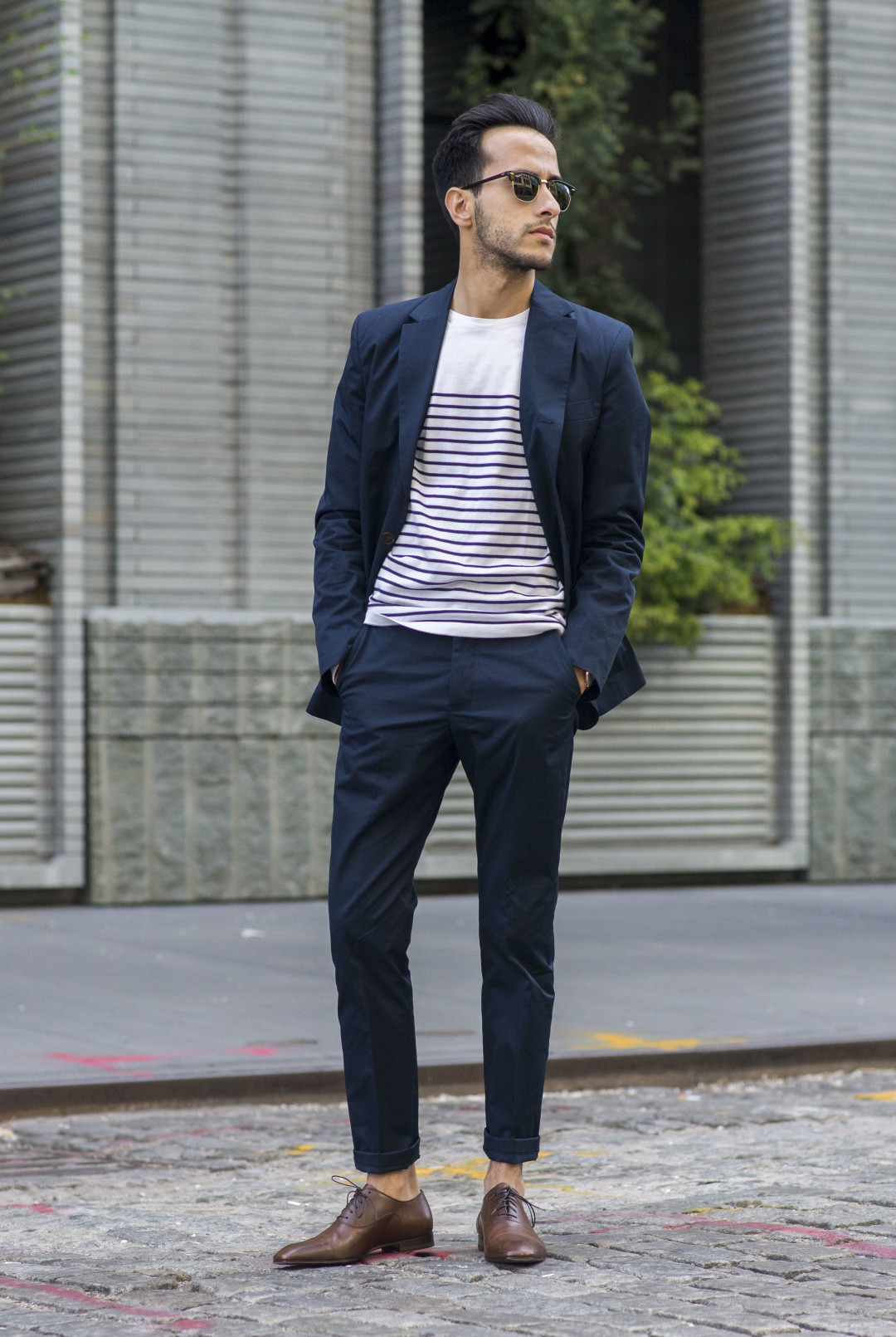 striped t shirt with blazer