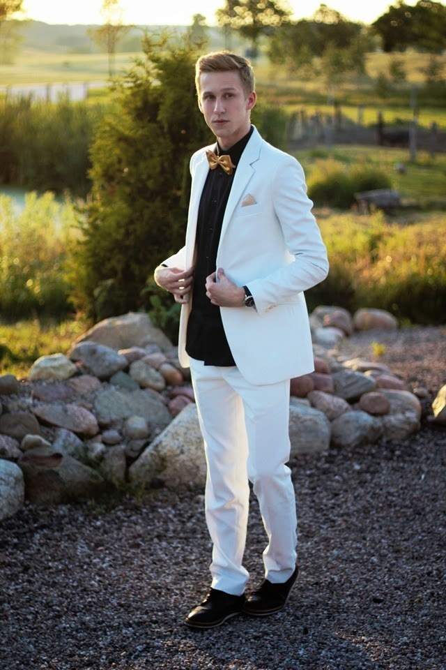 white suit black shoes